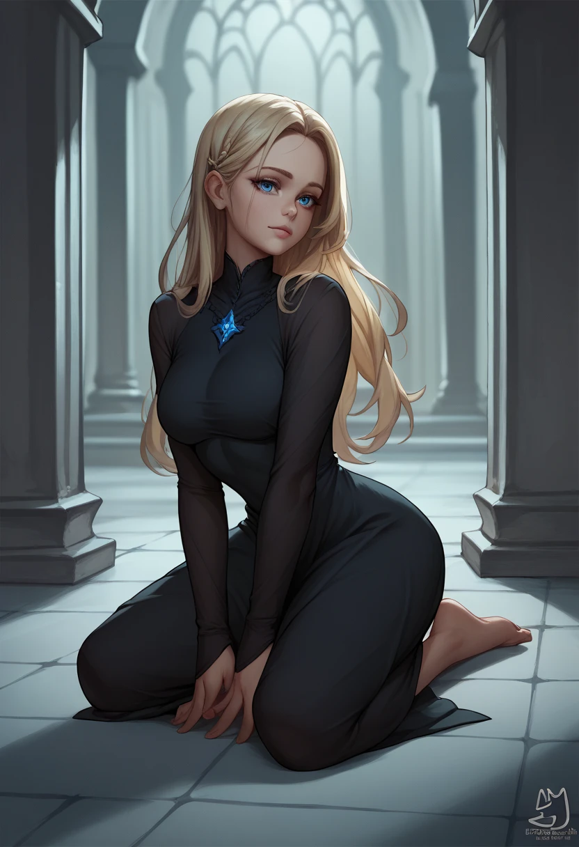 Score_9, Score_8, in one cemetery background night rain And,1 girl blue eyes, blonde long hair, in black dress barefoot, kneeling on the floor, 