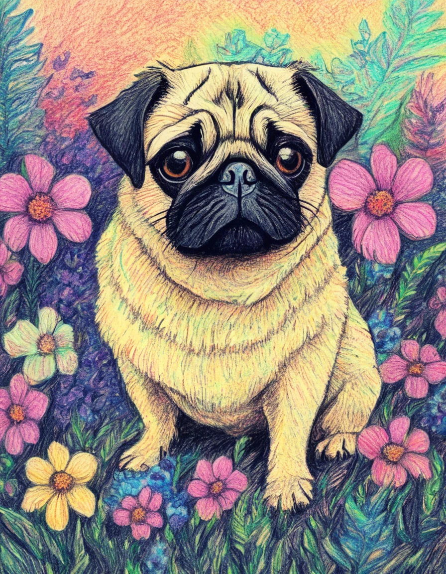 novuschroma72 style pug with flowers   