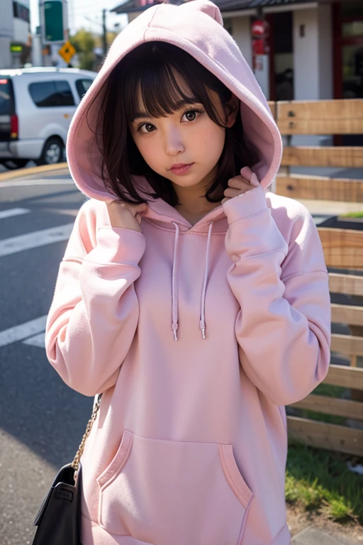 Super realistic, hdr, 4k, detailed, Hijab, Japanese girl, glow skin, flat face, forest, pink Hoodie
