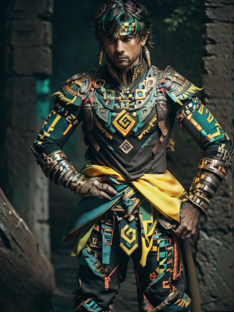 A adult man in realistic portrait of high quality and detail, mexican man, 20yo, Kinich (Genshin Impact), Aztech Armor, Aztec Style, black pixel sunglasses, Light tanned skin. Greenish-yellow eyes. Disheveled blue-black hair with green streaks. The left hand with a tattoo in green ink. Decorated black gloves on both hands. A green bandana on the head with two white feathers with yellow and green tips tucked in the back. A jumper tied around the waist. Long white-lime-green earrings in each ear. Loose baggy green trousers with blue and orange inserts. Black boots with green, blue and gold inserts. athletic body, 2000's Movie style, light atmosphere, happy look, glow, eye shadow, 1man, Depth & Perspective, fine face, He stands on the stone, outdoors, waterfall on background, day time, looking at viewer, (ultra-high detail:1.2), Masterpiece, Best Quality, Ultra-detailed, Cinematic lighting, 8K, delicate features, cinematic, 35 mm lens, f/1.9, highlight lighting, global lighting –uplight –v 4, cinematic, Cinematic lighting, 8K, high quality, Highest Quality, (Solo Focus), (extremly intricate:1.3), (Realistic), masterful, Analog style, (Film grain:1.5), (cold tone)