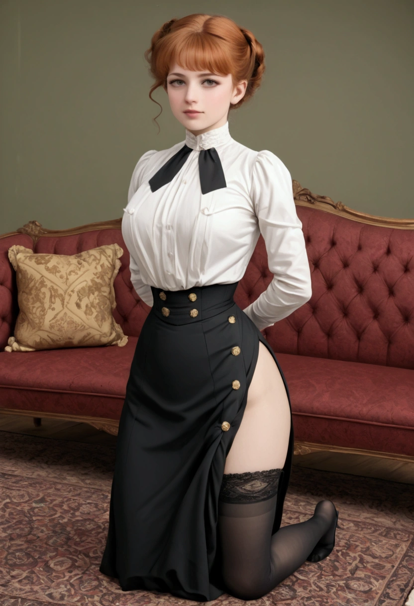 score_9, score_8_up, score_7_up, Sexy well-endowed 15yo redhead Gibson Girl of the 1900s (((masturbating on a velvet couch))), year 1904, 1900_dr3ss, high-collar shirtwaist, skirt hiked up, silk stockings, heavy makeup, nsfw