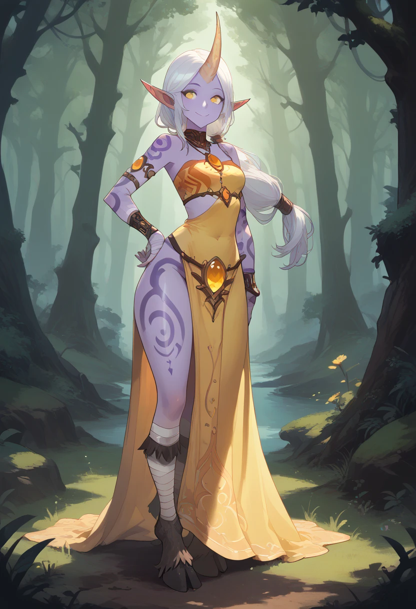 Soraka, purple skin, white hair, long low-tied hair, sidelocks, yellow eyes, pointy ears, single horn, full-body tattoo, bare shoulder, yellow jewel, red cropped top, yellow dress, armlet, bandaged arm, bandaged leg, goat hooves, ethereal forest, dynamic pose, elegant stance, smile, looking at viewer,hip to the side, hand on hip, contrapposto, solo, smile, looking at viewer, cowboy shot, horse dick , huge cock , side pose , cumming