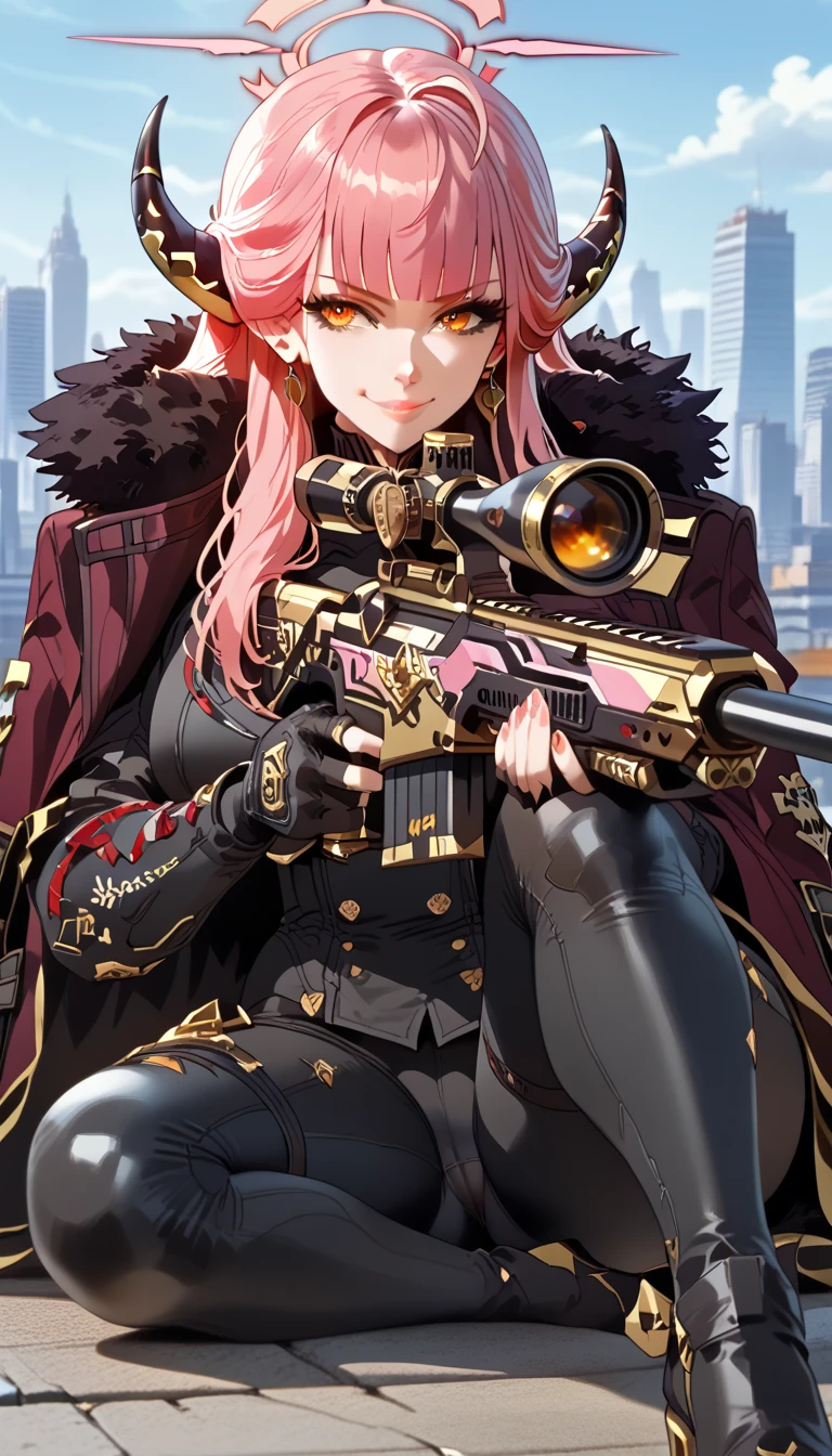 (desert landscape), (finely detailed eyes and detailed face:1.3), (extremely fine and beautiful:1.1), (Perfect details:1.1), ((gros seins)), ((buste du personnage)), volume, nikke, red hair, long hair, sunglasses on head, red jacket, ripped bodystocking, black chocker, black bra, chest chains, yellow eyes,
