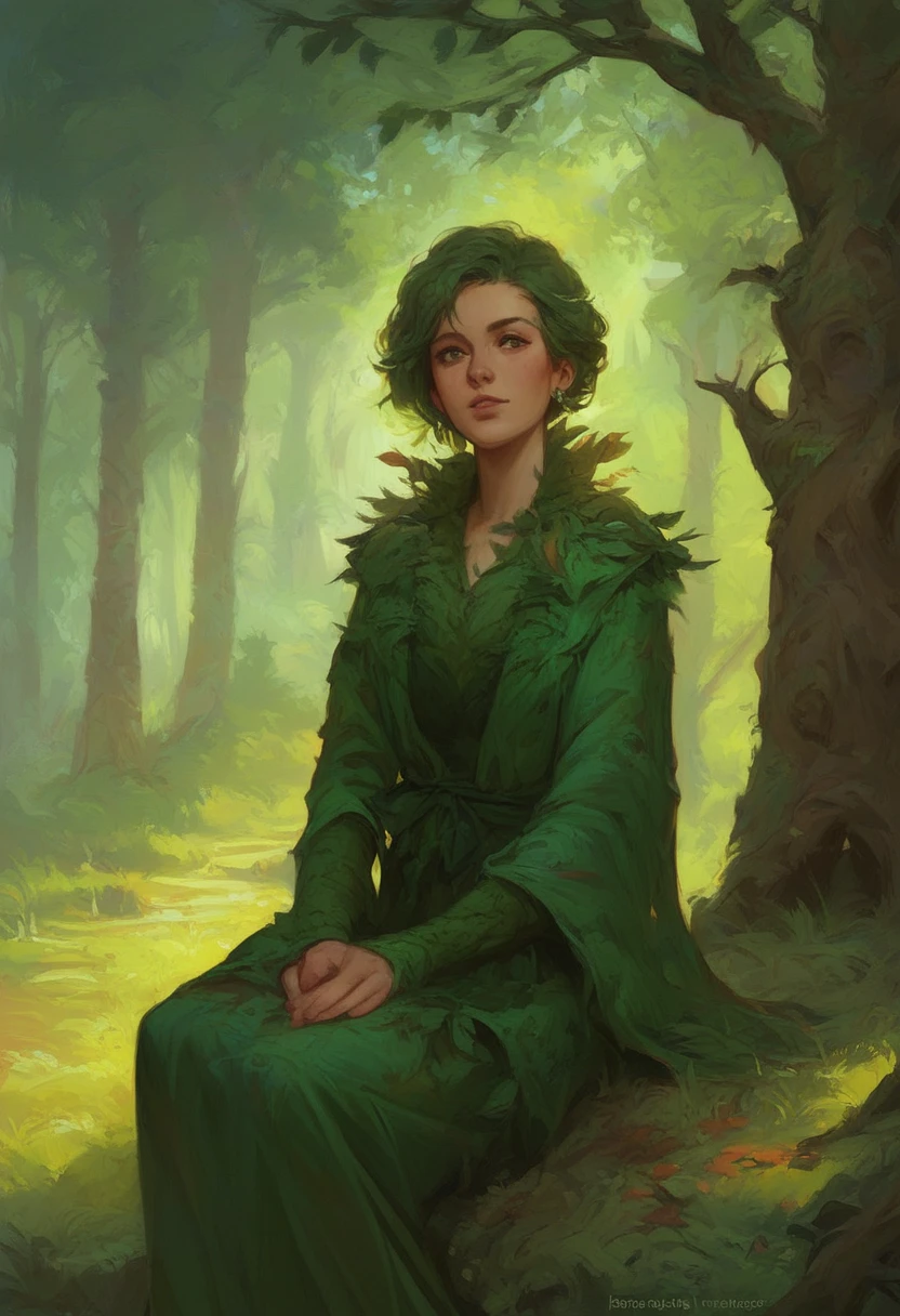 1girl, dryad, 2 katana, tree suit, the wood, green suit, green hair, green eys, tree, grass, fantasy, upperbody, young girl, sitting