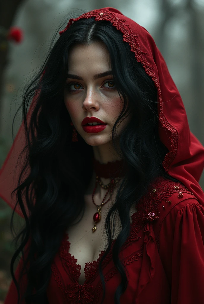 Fluffy black hair with white curls, a red-eyed vampire with a red skirt. Let there be a red veil covering your face.