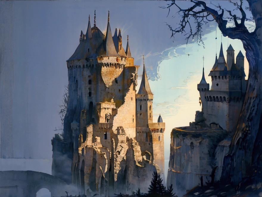 The last magical castle, towering on a sharp cliff, surrounded by thick fog. The castle is made in the Gothic style with strong spires, gloomy towers and glowing windows emitting a mysterious glow. Around the cliff swirls a fog in which the silhouettes of ancient trees and ghostly cliffs can be guessed. Several flying dragons circle in the sky, their massive wings cut through the haze, and their eyes sparkle with a magical light. The atmosphere is dark, mysterious, with elements of magic, where the play of light and shadow creates a sense of mysticism and ancient secrets.