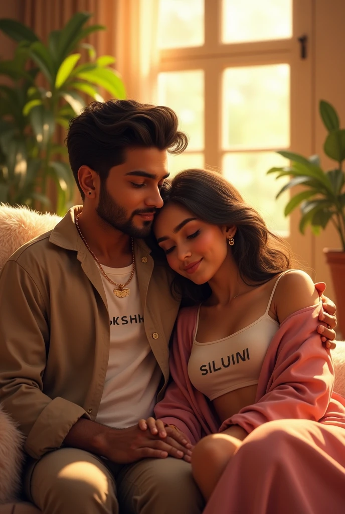(photorealism:1.2), a Pakistani beautiful girl, sitting with his stylish boyfriend on garden, wearing desi white dress , drink coffee on the table, a beautiful flowers in the garden on background, Sikandar & Zoya name written in frame on background