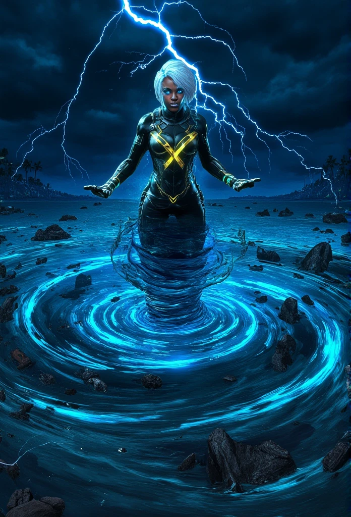 A dynamic and action-packed scene featuring Storm from the X-Men. She stands in the center of a swirling tornado, her white hair flowing wildly in the wind, and her white neon eyes glowing with electric power. Her iconic black and gold costume shimmers with energy as lightning arcs through the stormy sky. The tornado is filled with debris, creating an intense and chaotic atmosphere, while Storm’s calm and commanding expression showcases her mastery over the elements. The background features a dark, ominous sky, with flashes of lightning illuminating the scene, emphasizing her formidable presence.