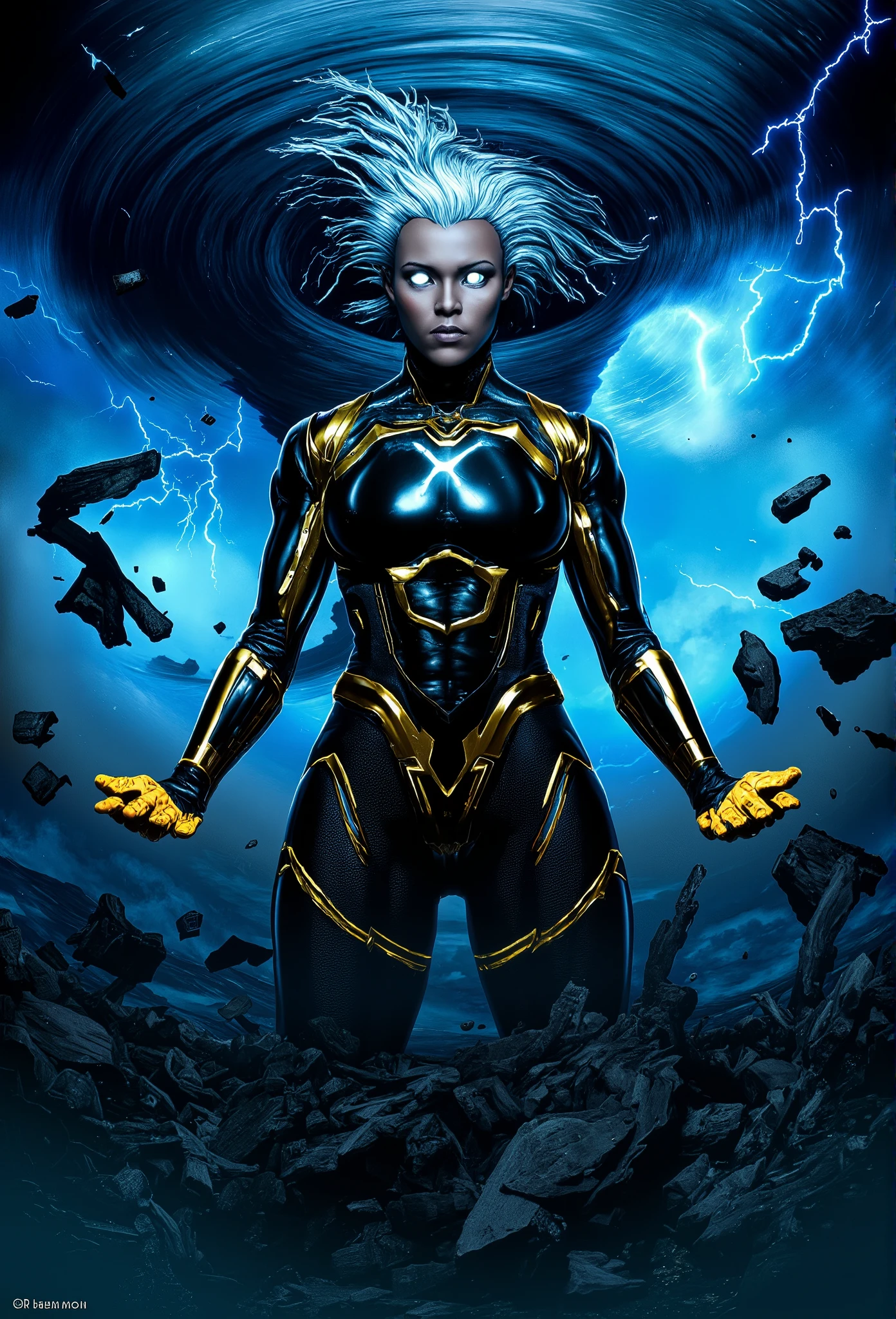 A dynamic and action-packed scene featuring Storm from the X-Men. She stands in the center of a swirling tornado, her white hair flowing wildly in the wind, and her white neon eyes glowing with electric power. Her iconic black and gold costume shimmers with energy as lightning arcs through the stormy sky. The tornado is filled with debris, creating an intense and chaotic atmosphere, while Storm’s calm and commanding expression showcases her mastery over the elements. The background features a dark, ominous sky, with flashes of lightning illuminating the scene, emphasizing her formidable presence.