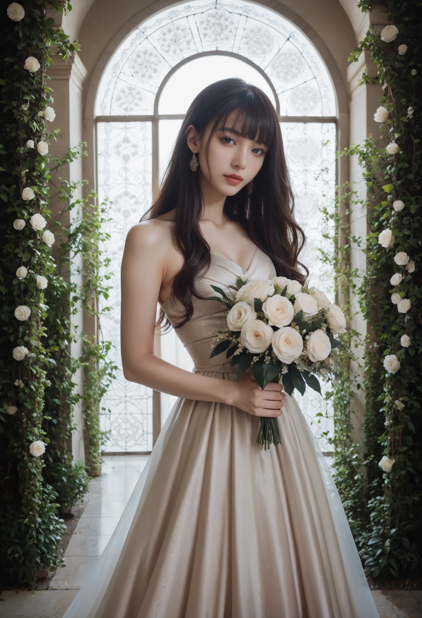 a beautiful detailed egyptian girl in a garden at night, moonlight, 8k, best quality, highly detailed, photorealistic, dramatic lighting, intricate background, elegant dress, long flowing hair, serene expression, holding a bouquet of flowers