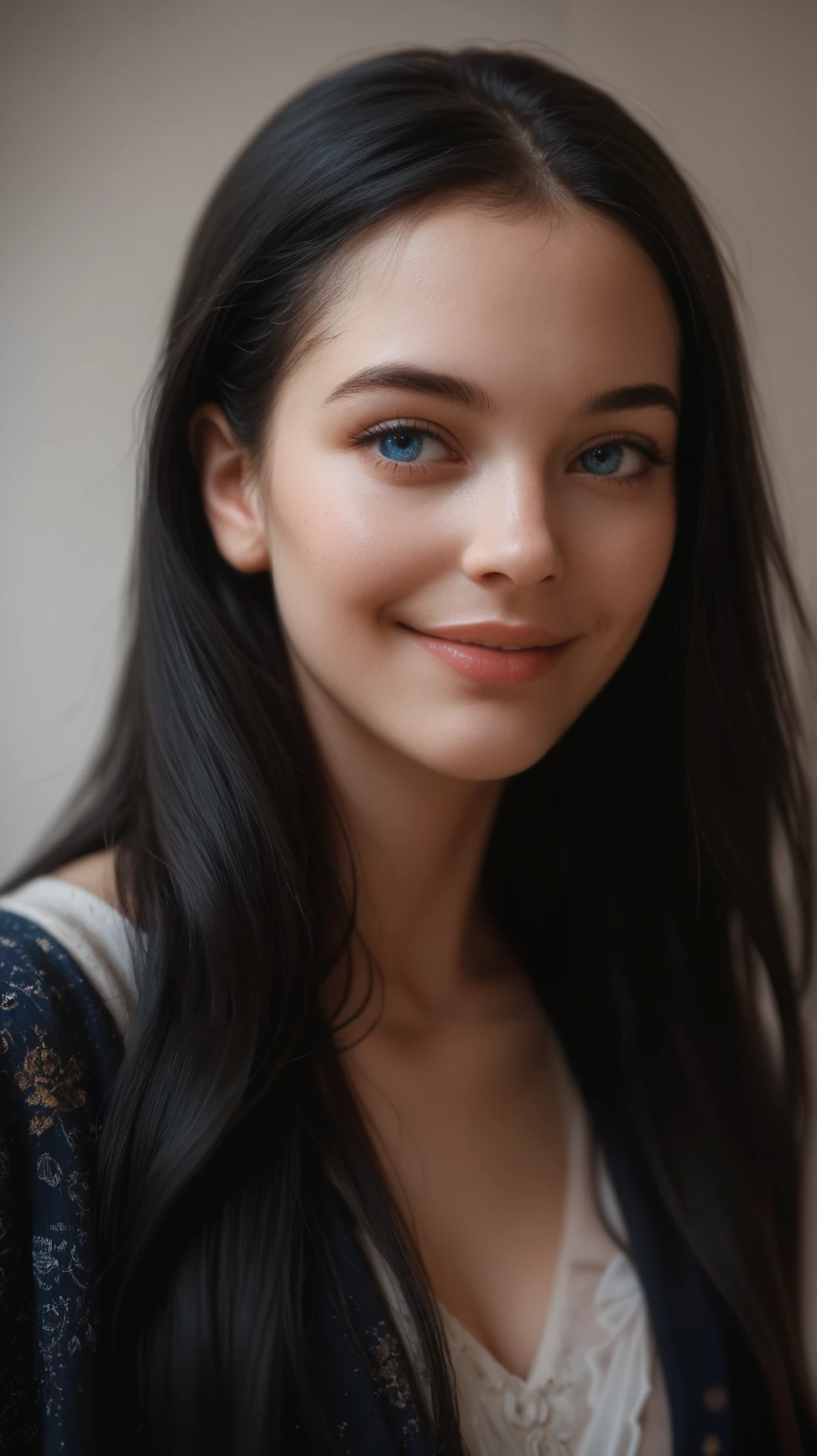 very beautigul model straight looking to camera Black Hair, Blue eyes, High Resolution, Anatomically Correct, Textured Skin, Long Hair, Smile, Simple background, Blurry, Cinematography, Portrait Photography, 1girl, Impressionism