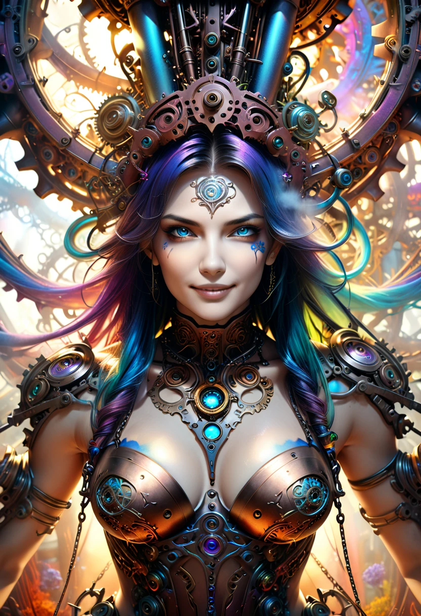 A dreamlike surreal tree of life, colorful ethereal smoke, insane hyperdetailed intricate steampunk details, intricate machinery, highly detailed gears, complex mechanical parts, vivid colors, dramatic lighting, cinematic atmosphere, photorealistic, 8k, best quality, masterpiece, conceptual installation fantasy art, execution tool, beautiful woman smiling fearlessly inside (iron maiden), attractive and seductive face, covered in tattoos, superlative body proportion, countless iridescent dust falling, rust, chain, Heaven and Hell fusion, (ultra detailed, absolutely resolution, best quality:1.3), 2.5D, delicate and dynamic, graphic CG digital art