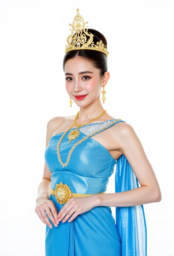 Portrait, beautiful Thai women, wear blue Thai tradition dress, smile, wearing a pointed gold crown, white background