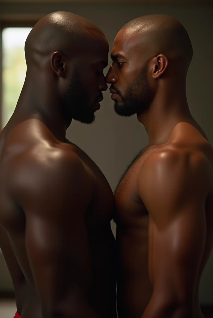 view of a naked black man hugging another in the bathroom