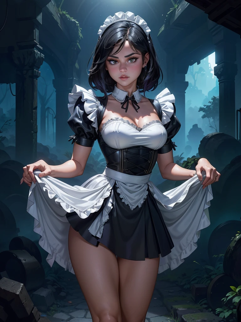 (La mejor calidad,A high resolution,Ultra - detallado,actual),Selena Gomez in a maid outfit posing for a picture, gorgeous maid, maid outfit, maid dress, cosplay of a catboy! maid! dress, anime girl in a maid costume, wearing maid uniform, (maid costume:1.4) , maid, anime girl in a maid costume, french maid, a sexy maid in a magical forest, a maid in a magical forest, ,(Fondo de ruinas de mazmorra en ruinas cyberpunk :1.4 ), (perfect anatomy :1.4), (Selena Gomez :1.4), (cinematic lighting :1.4), (Selena Gomez V2.1), (perfect anatomy V2.1), (dynamic cowboy pose), (skirt lifted by itself: 1.1), (skirt lift: 1.3), (showing white panties: 1.3), (face detailed Selena Gomez:1.4)