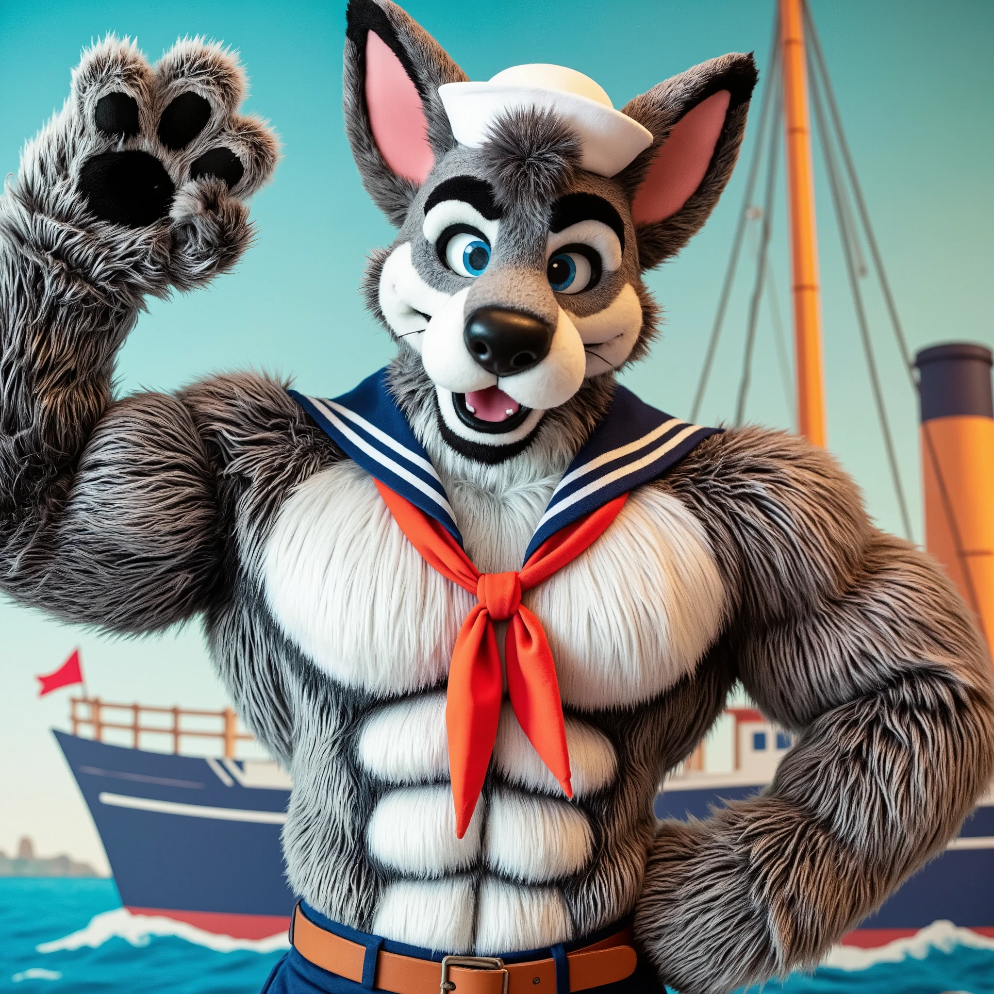 "Anthropomorphic wolf male, muscular and adult, with a thick, bulky body reminiscent of Popeye, but with fur. His fur is a deep, ocean blue with hints of white on his belly, similar to Popeye's sailor outfit. He has a strong, square jawline, and his face is exaggerated in the classic cartoon style, with large, expressive eyes and a signature one-eyed squint. His body is massively muscled, especially his arms, which are oversized with bulging biceps like Popeye's, emphasizing his strength. His ears are short and pointy, and he has a cartoonish anchor tattoo on his forearm, just like Popeye. His outfit consists of a sailor's shirt with a high collar and a small, tight sailor cap, both fitting snugly over his muscular frame. His pants are a simple pair of blue, high-waisted trousers, completing the classic Popeye look.

Background: The wolf Popeye is on a cartoonish dock by the sea, surrounded by wacky ships with exaggerated sails. In the background, his friends (like a tough raccoon and a small, funny mouse) are causing mischief. The wolf Popeye is holding a can of spinach, ready to gulp it down for that super strength boost, preparing to face a comically oversized enemy, which could be another character or a mischievous giant clam. His exaggerated muscle flexing and comic expressions bring a slapstick vibe to the scene.

Style: Early 1930s cartoon style, rubber hose animation with exaggerated actions, including bouncy limbs and fluid movement. The colors are bright and bold, with an emphasis on black-and-white animation mixed with touches of color (like his sailor outfit). The wolf’s exaggerated biceps and signature look mimic the Popeye style while keeping the animalistic fursuit touch. The entire scene is filled with vintage charm, exaggerated gags, and humor, like Popeye's world of endless action and comedic conflicts."