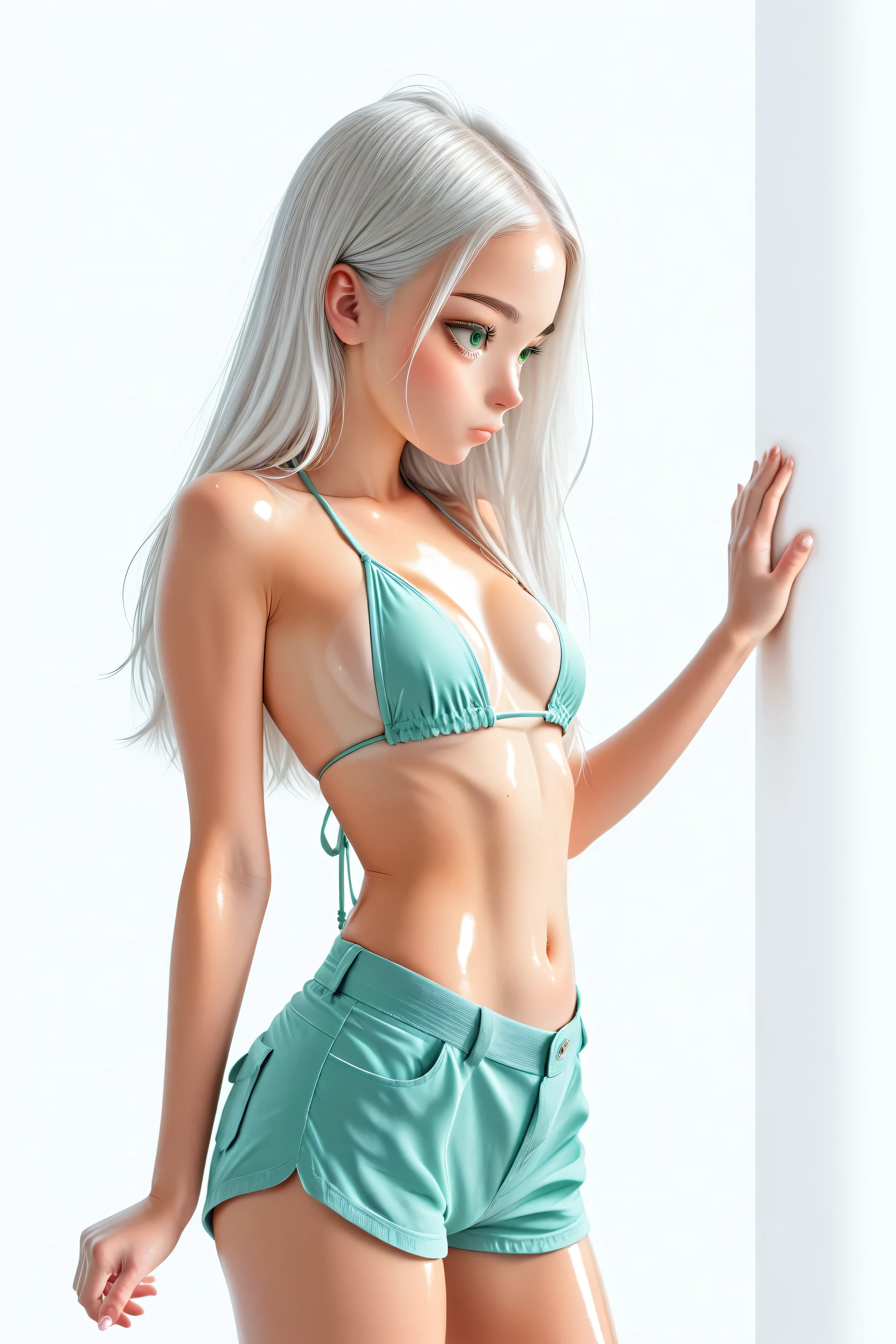 cute asian , white hair, green eyes, slim, perfect breasts , petite, shiny skin, bikini top, shorts, White background