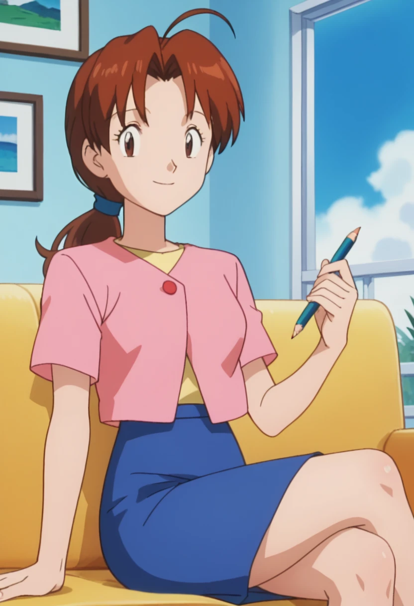 score_9, score_8_up, score_7_up, score_6_up, anime screencap, anime coloring, PMDeliaK, 1girl, solo, brown hair, ponytail, ahoge, long hair, parted bangs, brown eyes, hair tie,
pink jacket, short sleeves, blue skirt, pencil skirt, 
crossed legs, smile, looking at viewer, sitting, 
BREAK, indoors, couch, blue sky, sunbeam,