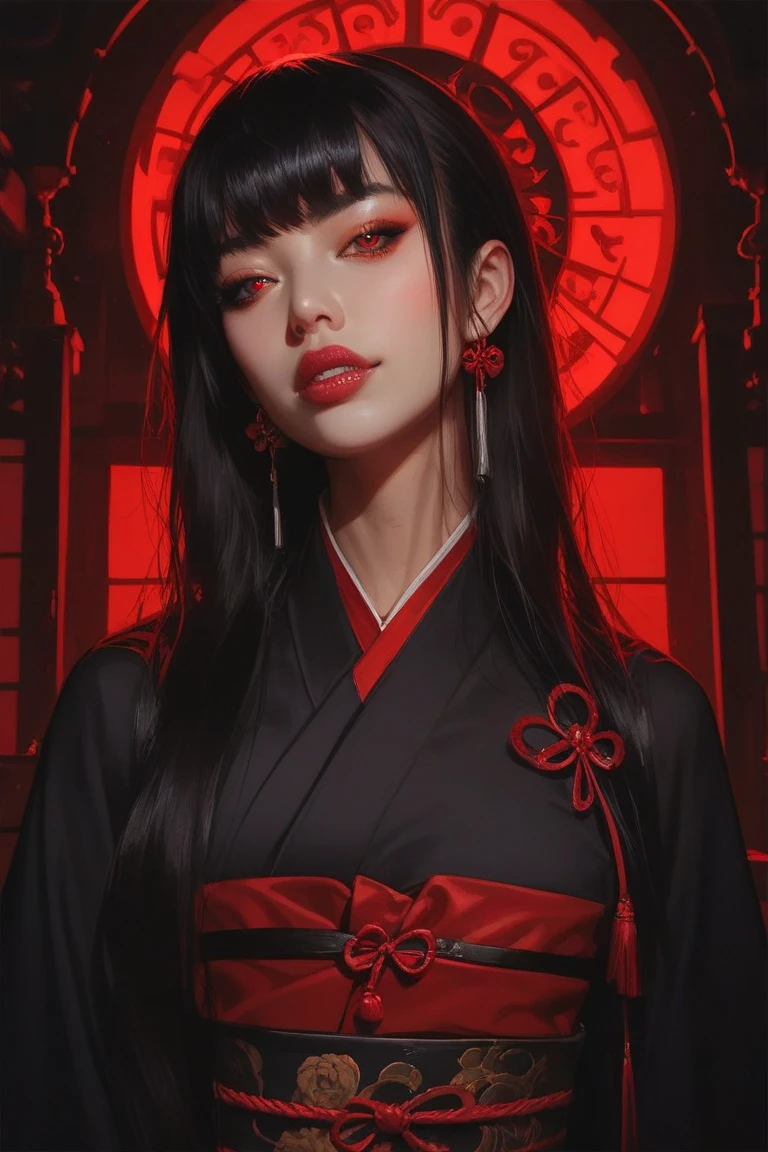 A female vampire, late 30s in age, Asian, long black hair with bangs, red eyes, black kimono, inside Japanese castle at night, beautiful but scary, highly detailed digital art, realistic anime style, fine details, high quality, sharp focus, best quality, dramatic lighting 