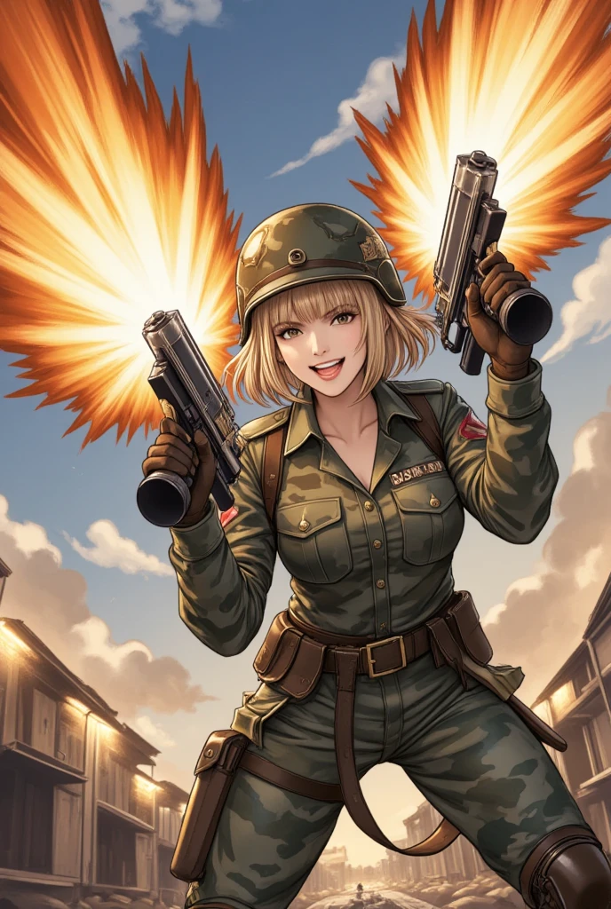 pretty woman, holding two grenade launchers and firing them, blonde, blunt bangs, grin, camouflage colored military uniform, helmet, manga illustration art, ultra detailed, absolutely resolution, masterpiece