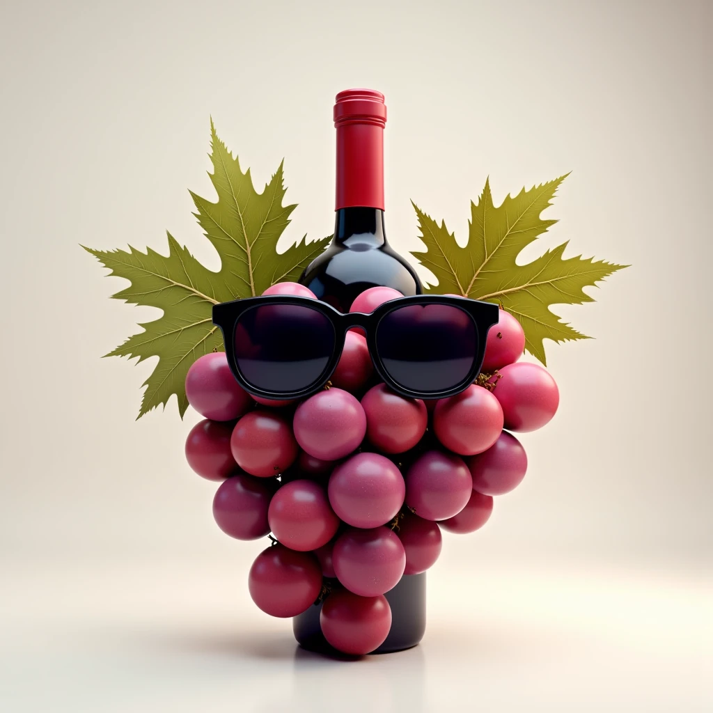 a minimalist wine bottle logo, a bunch of grapes wearing black sunglasses, AdConver text, elegant, modern, stylish, high-quality, 3D render, hyperrealistic, ultra-detailed, intricate, photorealistic, studio lighting, vibrant colors, dynamic composition, masterpiece