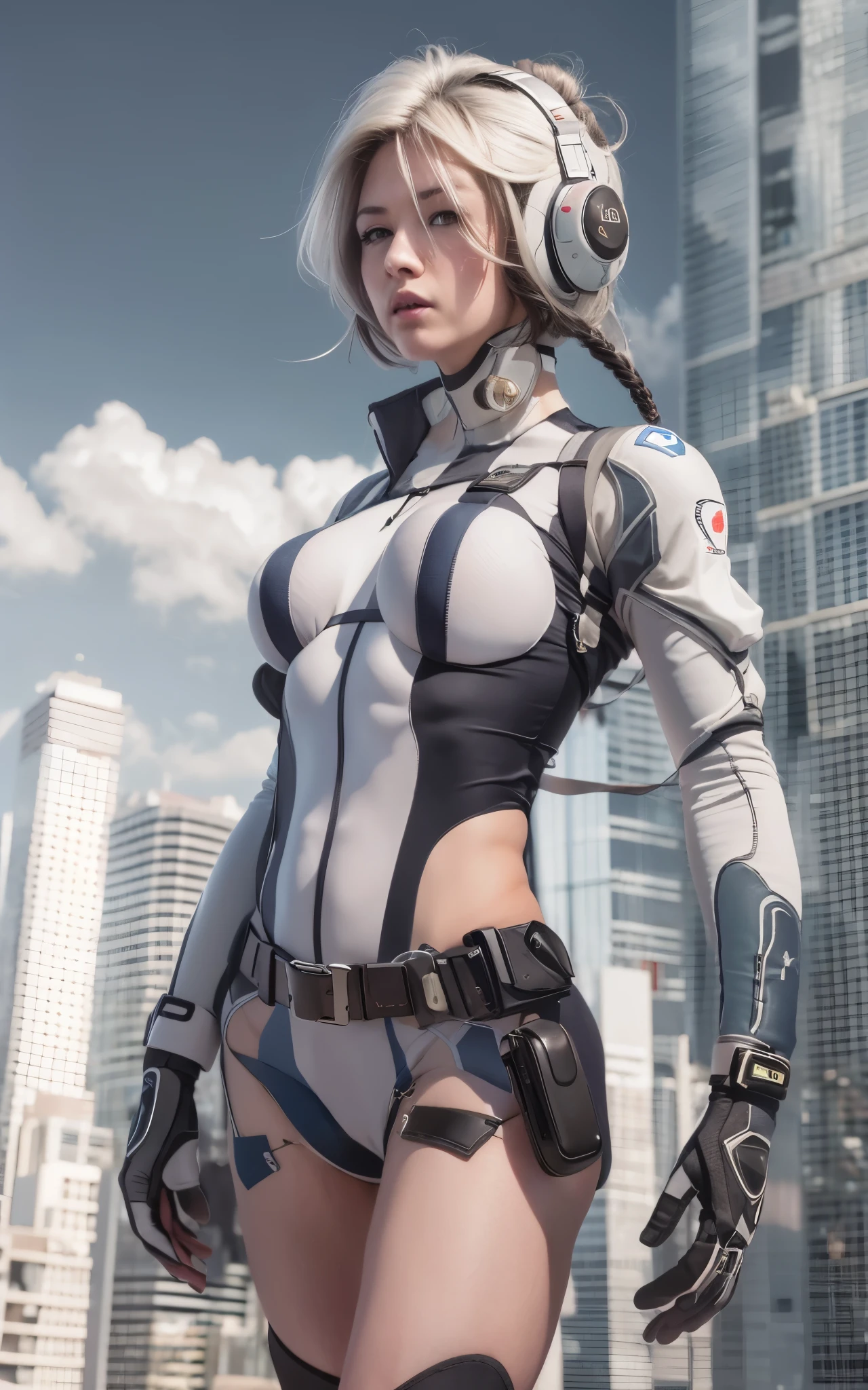 ((Best Quality)), ((masutepiece)), (Detailed: 1.4), (Absurd), Caucasian female fighter pilot ready for war, front walking, muscular sculptural body defined, Closed mouth, muscular body covered by technological clothing, Cyberpunk, ((perfect large breasts)), (blue eyes without pupils), long manga-style eyelashes, close to real, Crazy face, Sexy Pose, Centered, scale to fit the dimensions, nffsw (High dynamic range),Ray tracing,Hyper-Resolution,Unreal 5,Subsurface Dispersion, PBR Texture, Post-processing, Anisotropy Filtering, depth of fields,  Maximum clarity and sharpness, Multilayer textures, Surface Shading, accurate simulation of light and material interactions, Perfect proportions, thirds rule, top-quality, in 8K, ultra-detailliert, Being on the roof of a skyscraper, Smooth bodysuit, spiffy white zero suit