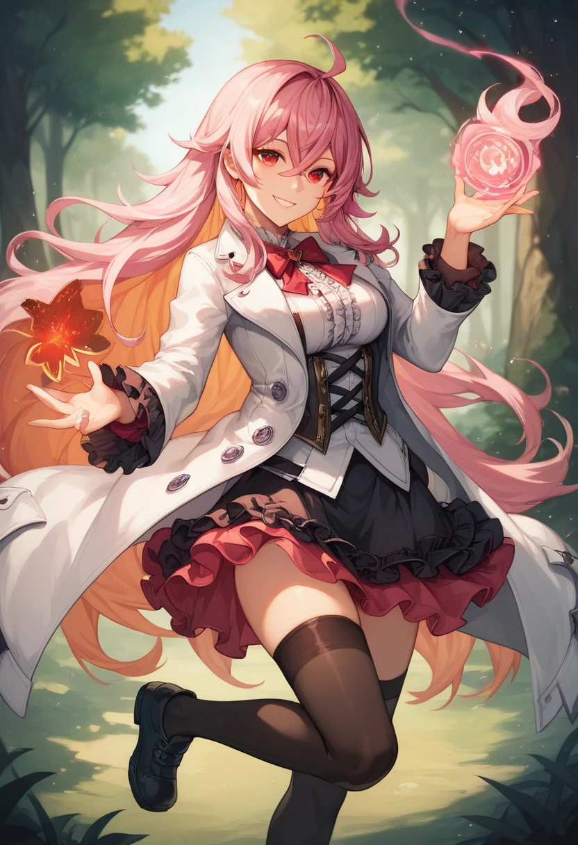 masterpiece, best quality, looking at viewer, smile, a1sh1a, red eyes, multicolored hair, pink hair, orange hair, hair intakes, hair between eyes, crossed bangs, long sidelocks, very long hair, medium breasts, hair bow,white coat, frilled shirt, frilled skirt,black skirt,black thighhighs,black footwear, outdoors, forest, aura, magic, night