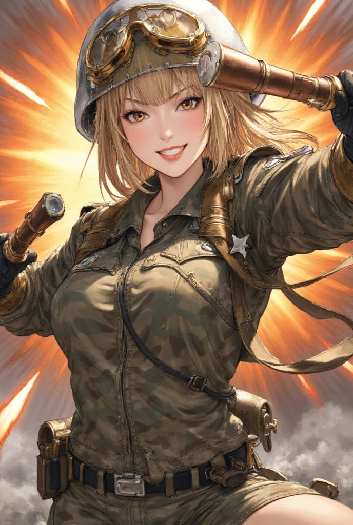 pretty woman, holding two grenade launchers and firing them, blonde, blunt bangs, grin, camouflage colored military uniform, helmet, manga illustration art, ultra detailed, absolutely resolution, masterpiece