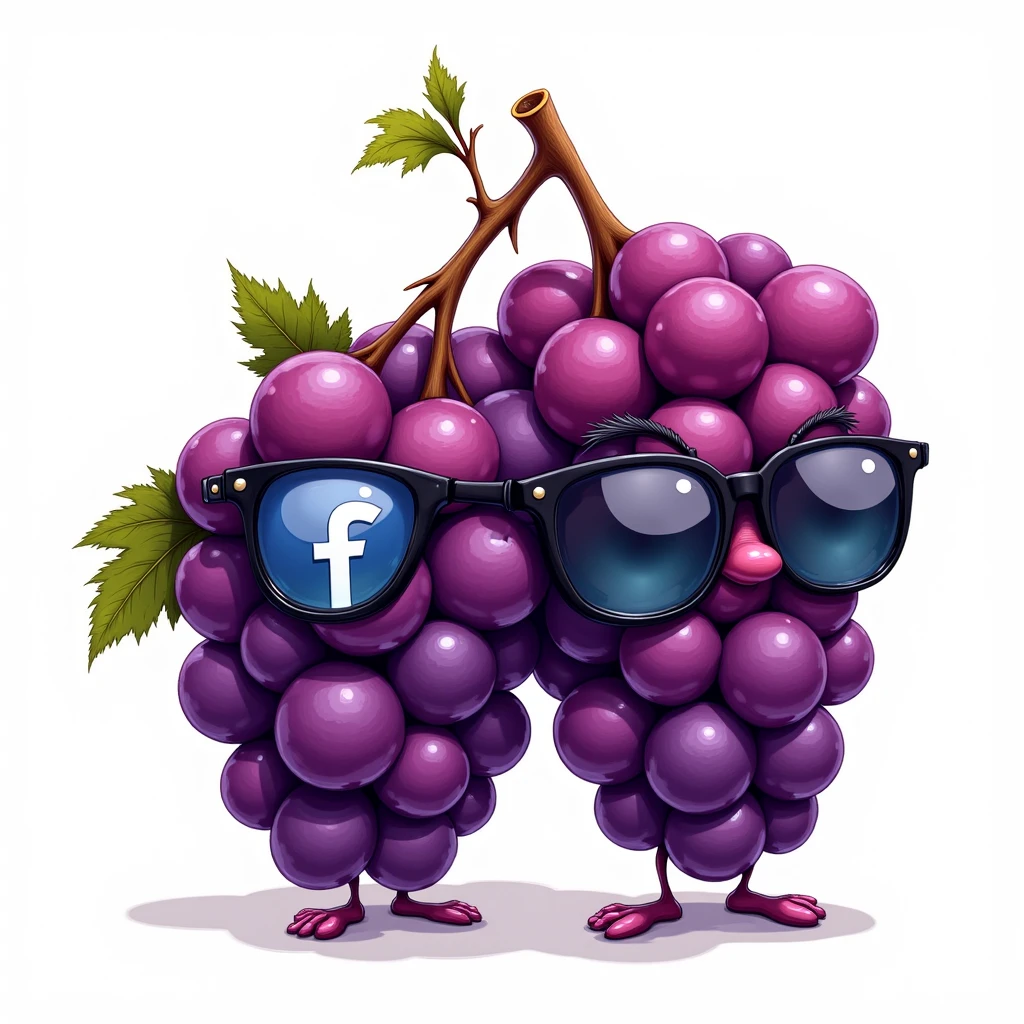 logo, the main frame is occupied by violet grapes wearing sun-black protective glasses that display the Facebook page and promotional posts,  caption "AdConver "
