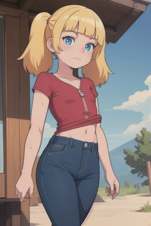 (masterpiece) (best quality) (detailed) (8k) (sharp focus) (intricate) (cinematic lighting), 1girl, penny, , blonde hair, twintails, blunt bangs, blue eyes, outdoors, mud, unbuttoned unzipped high-waisted mom jeans, relaxed expression, red  t-shirt white centre stripe, flat chest, bare feet