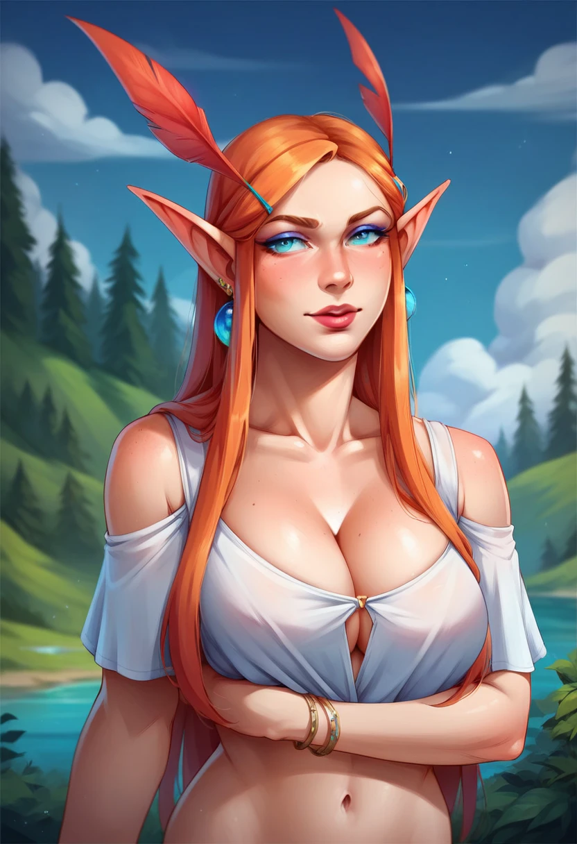 Fantasy Female elf sorceress, red hair, fair skin, ice tattoo, freckles, topless, crystal necklace, ice dagger, perky nipples