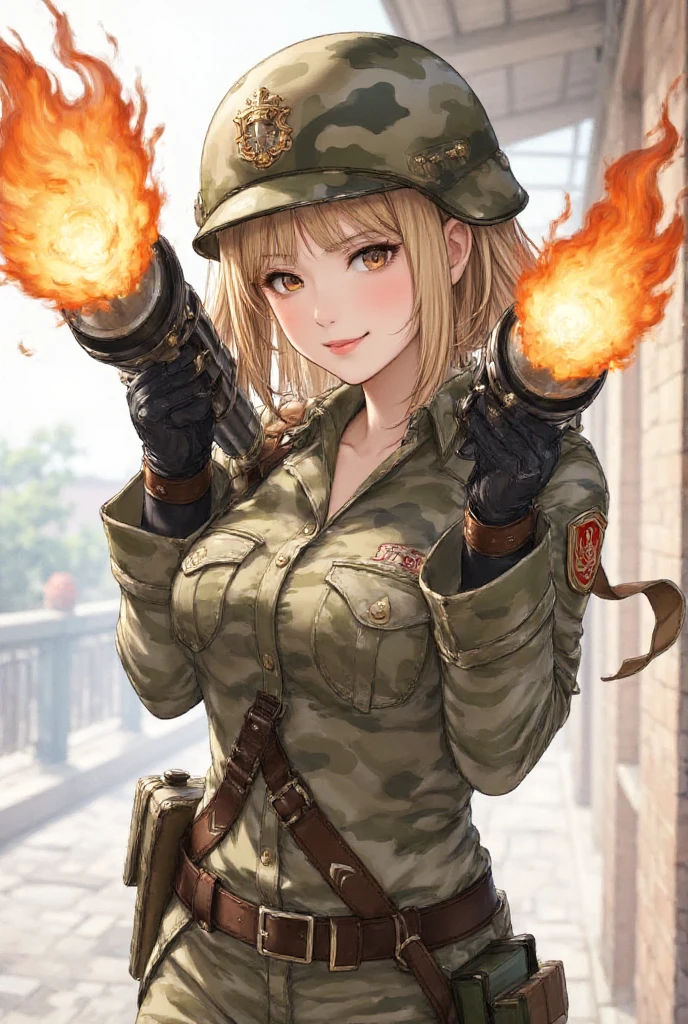 pretty woman, holding two grenade launchers and firing them, blonde, blunt bangs, grin, camouflage colored military uniform, helmet, manga illustration art, ultra detailed, absolutely resolution, masterpiece