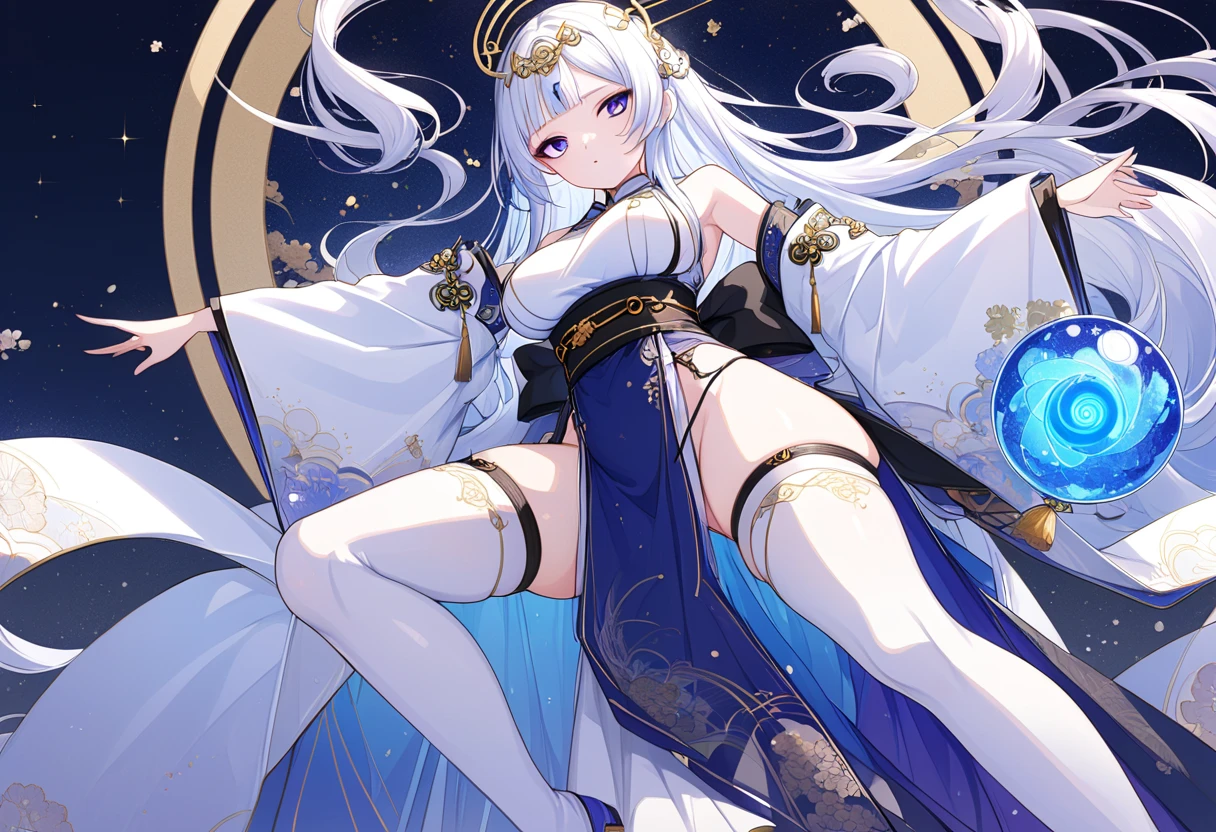 Fresh illustration,
Ultra-fine drawing,
Top quality,
Very delicate illustration,
Unity 8K wallpaper,
Very fine details,
Fantasy art,
Anime goddess,
Beautiful charming anime woman,
Enchanting anime girl,
Unity 8K wallpaper,
Ultra detailed,
Beautiful and sophisticated,
Single girl figure,
Full body figure,
Height 158cm,
Sexy pose,
Fair skin,
Right eye is blue,
Left eye is purple,
Odd eyes,
Heterochromie Iris,
Large black pupils,
Beautiful eyes,
Extra long hair,
Shiny hair,
White hair,
Protruding forehead,
Cute face,
Pretty face,
Shining halo on the back of her head,
Lowered eyebrows,
Kimono on upper body,
Japanese clothing on upper body,
Overall white clothes,
Chinese dress on lower body,
Black obi,
Tasteful embroidery with gold thread,
Clothes made of high-quality fabric,
Big breasts,
Thong,
Garter belt,
Stockings,
Thigh straps,
Thigh straps digging into skin,
White long boots,
Japanese-style toes,
Thin waist,
Thick thighs,
Isometric,
Golden ratio,
Divine atmosphere,
Wearing an indigo-colored stand-up collared inner,
Outer space,
Multiple galaxies,
Countless small stars,
Tactical use of shadows,
Free pose,
Sexy pose,
Exposing skin,
Erotic pose,
Adult pose,
Lewd outfit,
Pervert,