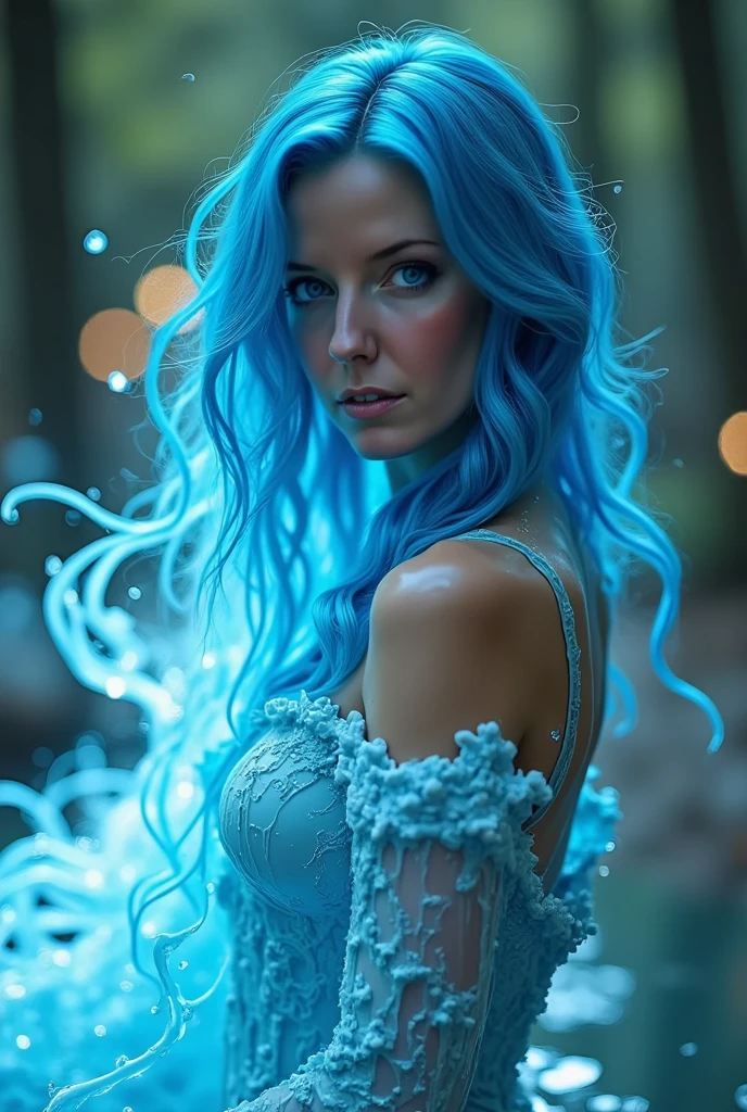 beautiful light blue haired woman ,  with wax dress melt and drip down the body ( masterpiece: 1.2), ( best quality ), 4K,  ultra detailed , ( dynamic composition : 1.4),  very detailed, colorful details , (shimmering colors: 1.2), ( bright lighting,  atmospheric lighting ), dreamy, magical, (Alone: 1.2)