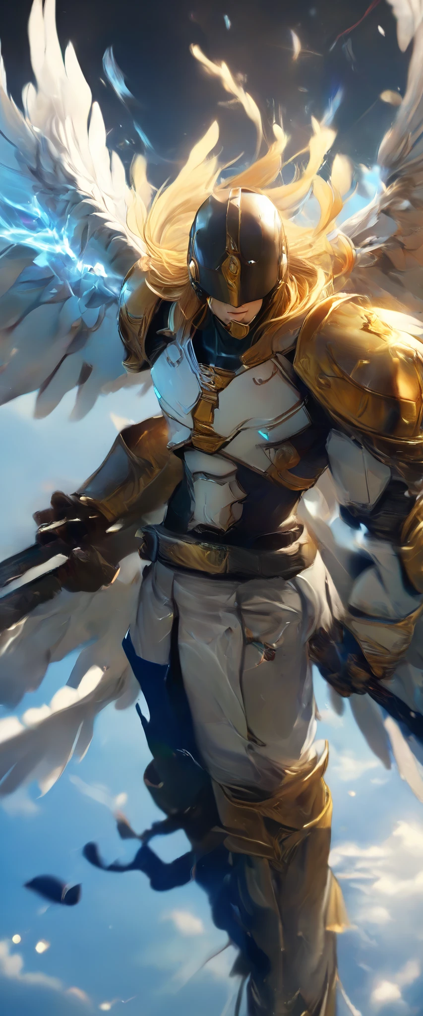 Score_9,score_8_up,score_7_up, masterpiece, angemon, male focus, solo, 1boy, long hair, blonde hair, covered eyes, helmet, evil smile, wings, standing, simple background,