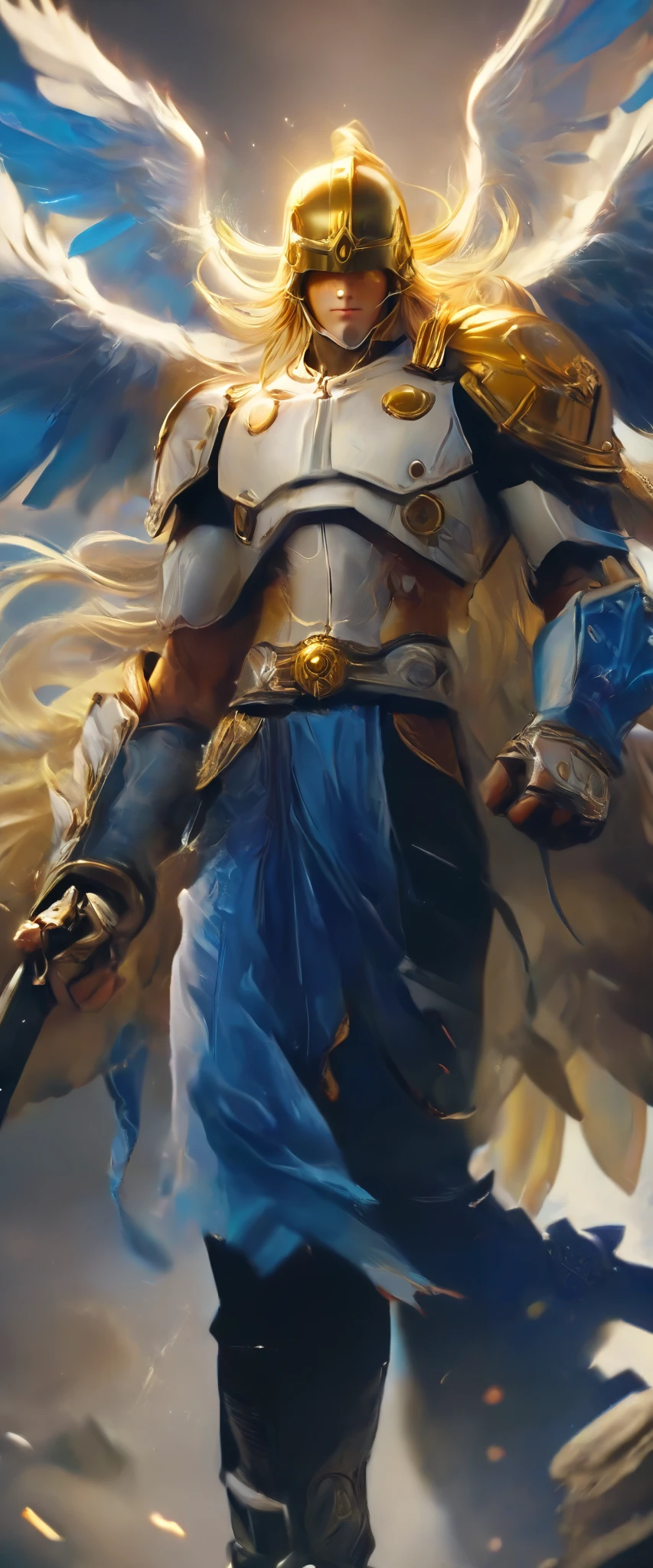 Score_9,score_8_up,score_7_up, masterpiece, angemon, male focus, solo, 1boy, long hair, blonde hair, covered eyes, helmet, evil smile, wings, standing, simple background,