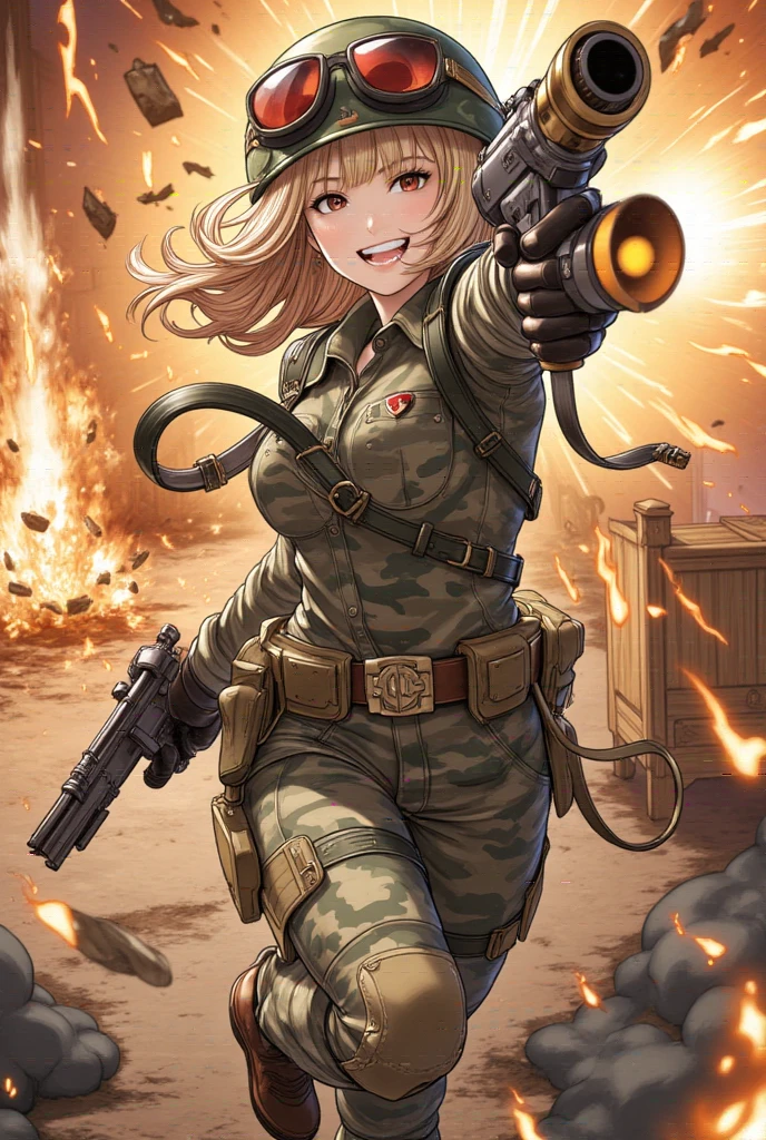 pretty woman, holding two grenade launchers and firing them, blonde, blunt bangs, grin, camouflage colored military uniform, helmet, manga illustration art, ultra detailed, absolutely resolution, masterpiece