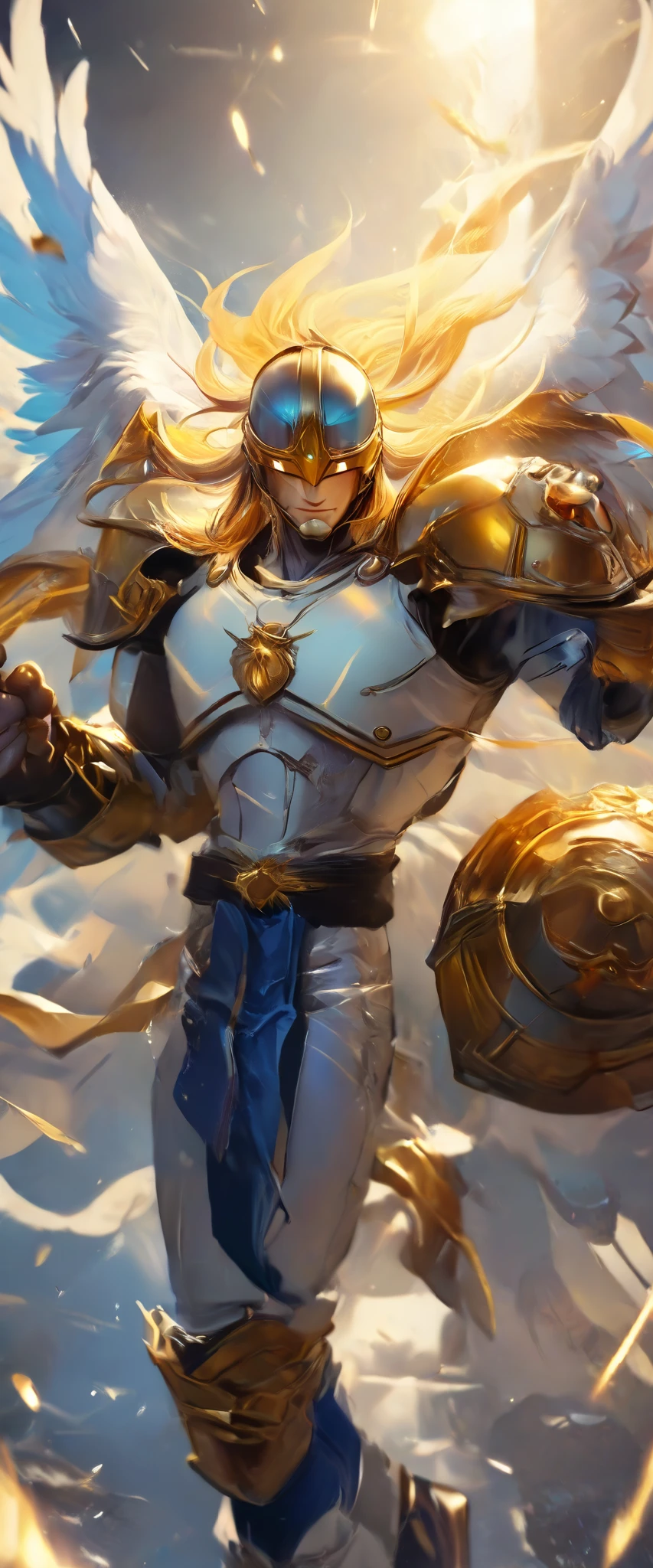 Score_9,score_8_up,score_7_up, masterpiece, angemon, male focus, solo, 1boy, long hair, blonde hair, covered eyes, helmet, evil smile, wings, standing, simple background,