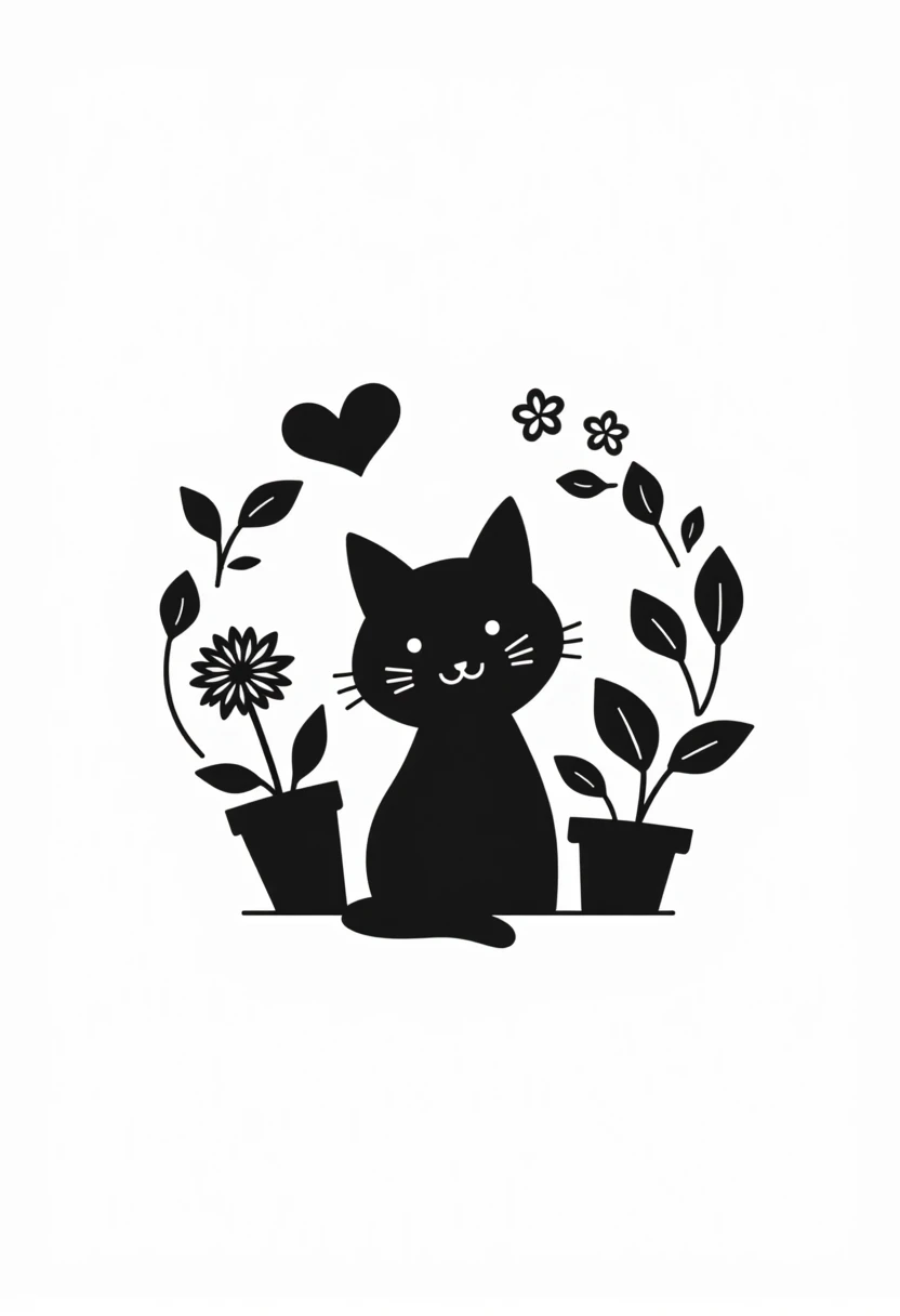 A logo of a cat and anime-style plants and the entire logo is black and white with little pots around it 