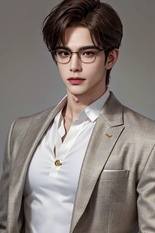 Handsome and stunning realist、 light brown hair、brown skin、 fashionable、Deeply carved face、Gorgeous Background、女性的なmale、 One Man、Beautiful drawing、masterpiece、 top quality、feminine eyebrows 、 solo focus、male、Light brown eyebrows、pajamas、 unframed glasses、 wearing glasses、 round frame glasses 、 gold frame glasses