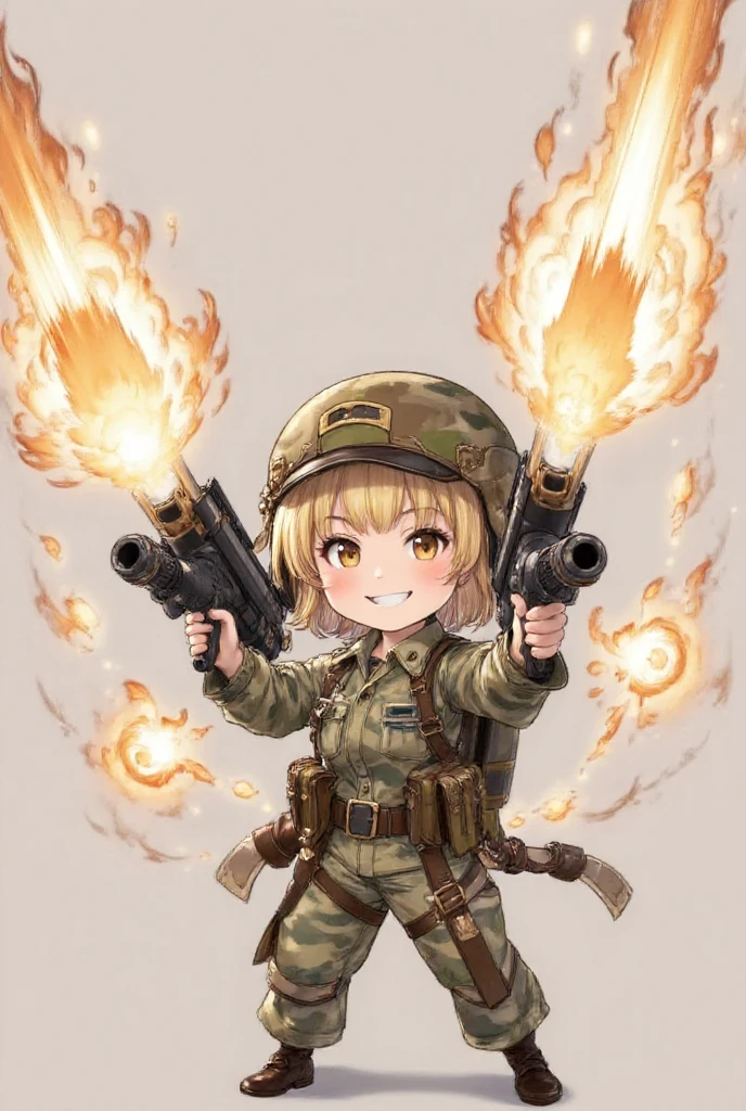 chibi pretty woman, holding two grenade launchers and firing them, blonde, blunt bangs, grin, camouflage colored military uniform, helmet, manga illustration art, ultra detailed, absolutely resolution, masterpiece