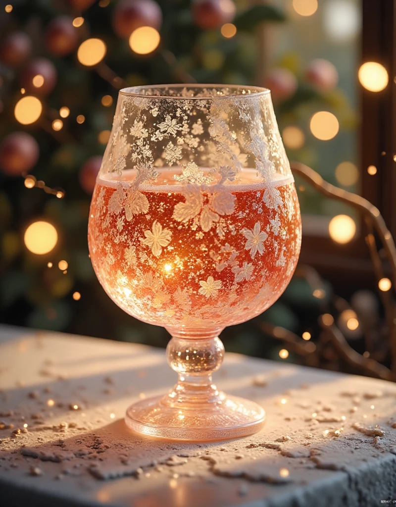 In a soft, golden light, a exquisite crystal chalice with intricate lacework and floral engravings sits atop a delicate pedestal. The transparent liquid within sparkles like the night sky, reflecting hues of sapphire, amethyst, and rose. The chalice's curves are adorned with delicate filigree, adding to its ethereal beauty as it appears to float amidst a subtle glow.,OBweisuo,A World of Glass