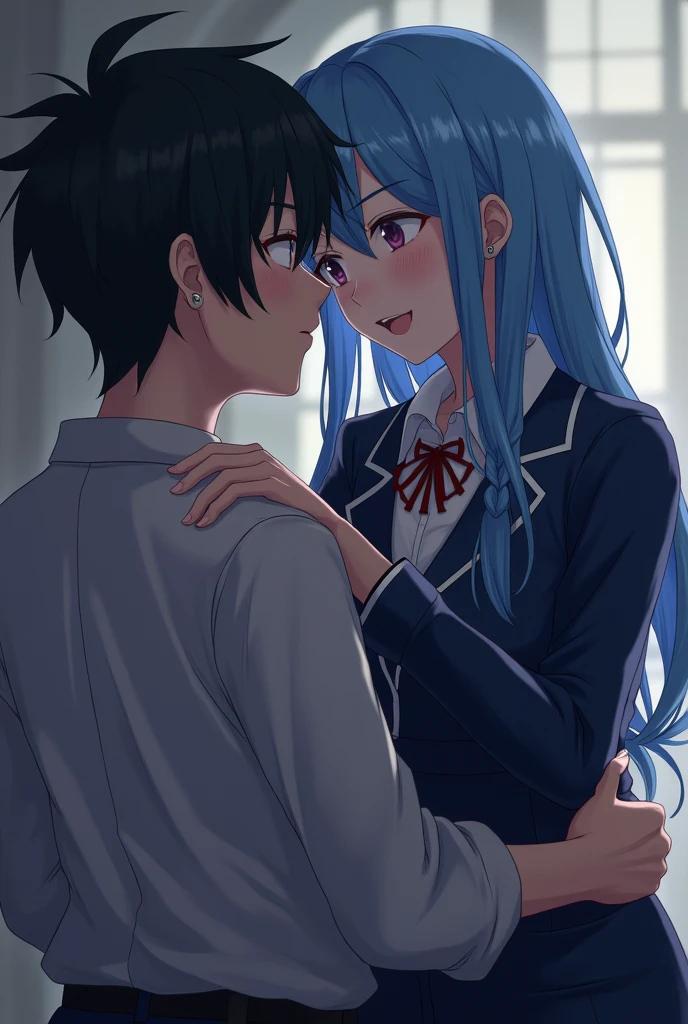 Masterpiece, Best Quality, ultra high resolution, Saggy breasts, sweat, (low angle), Blushing face in , student, very beautiful, White shirt, tie, school skirt, empty classroom background, Lewd, very defined and detailed body, kiss with man, very passionate, much saliva