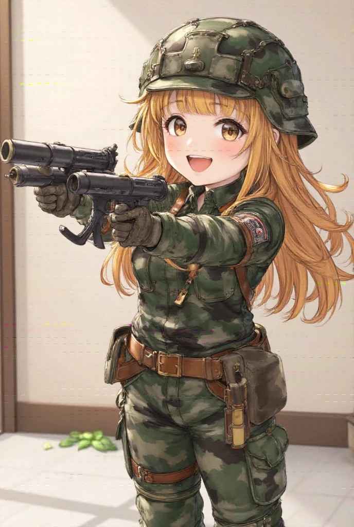 chibi pretty woman, holding two grenade launchers and firing them, blonde, blunt bangs, grin, camouflage colored military uniform, helmet, manga illustration art, ultra detailed, absolutely resolution, masterpiece