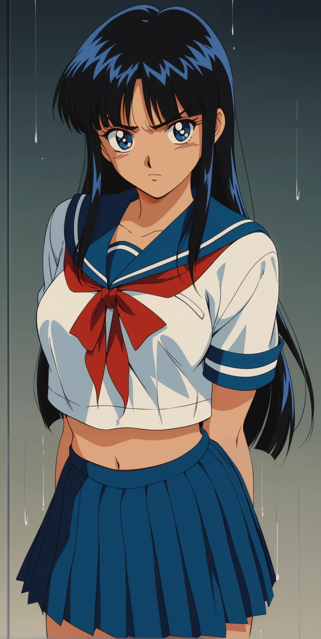 Young woman drawn in 80’s anime art style. 
Retro anime   . Vintage Anime. Classical Anime. 
Black HAIR
Hime Cut Hair
(Round and Circle eyes)
(Blue eyes)
(Medium Sized Eyebrows)
(Tan Woman)
(Medium Breast)
Annoyed

She is wearing a sailor fuku (セーラー服, sērā fuku, sailor outfit) is a common style of uniform worn by women, traditionally by high school female students. 

The uniform generally consists of a blouse attached with a navy blue sailor-style collar and a long pleated skirt.

A ribbon is tied in the front and laced through a loop attached to the blouse. The color is the ribbon is typically red.

School Uniform color is fully navy blue.
The color of the blouse and shirt are navy blue and the color of the bottom pleated skirt is navy blue. 

(Raindrops) (Rainy Sky) (School) (Solo)