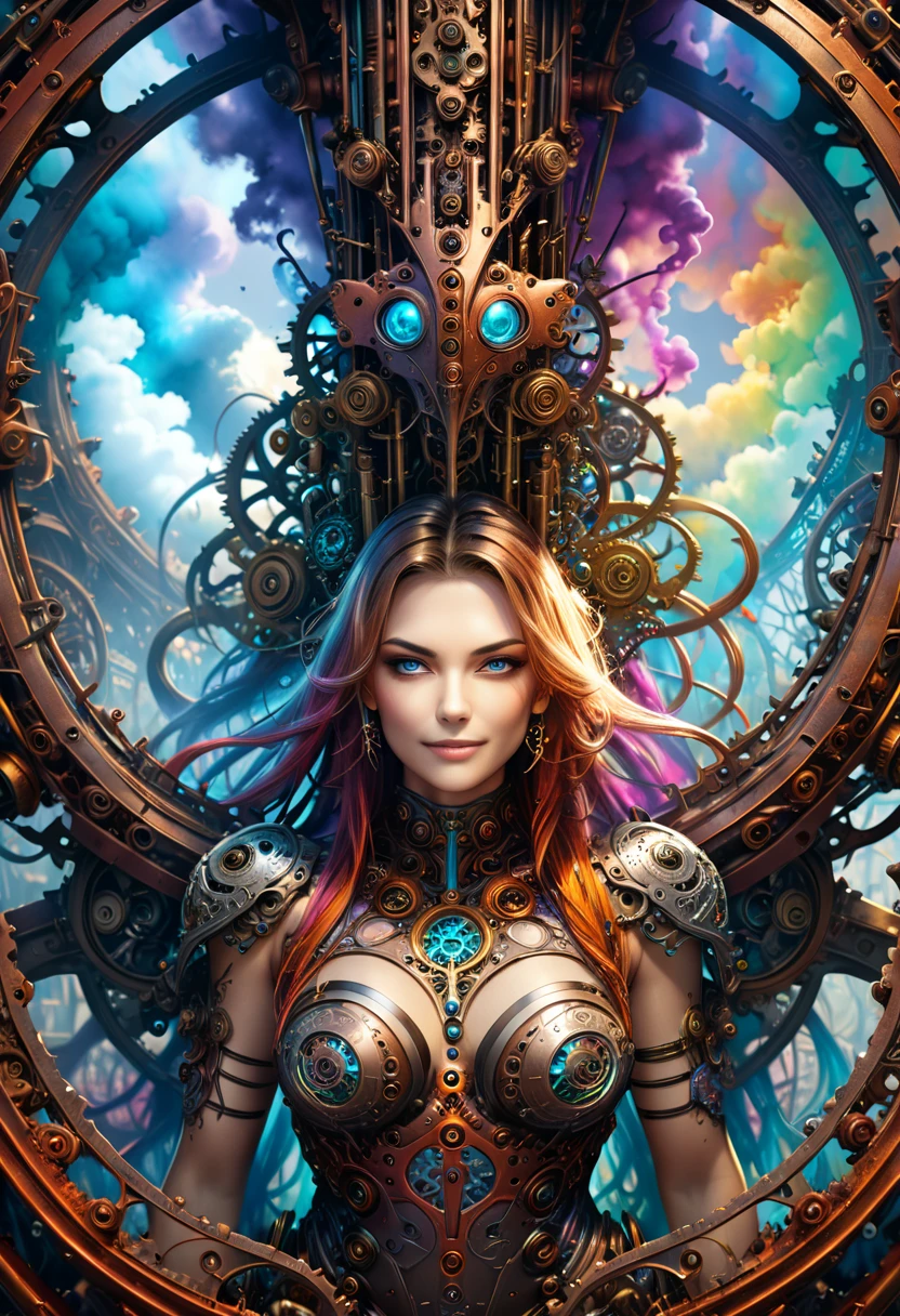 A dreamlike surreal tree of life, colorful ethereal smoke, insane hyperdetailed intricate steampunk details, intricate machinery, highly detailed gears, complex mechanical parts, vivid colors, dramatic lighting, cinematic atmosphere, photorealistic, 8k, best quality, masterpiece, conceptual installation fantasy art, execution tool, beautiful woman smiling fearlessly inside (iron maiden), attractive and seductive face, covered in tattoos, superlative body proportion, countless iridescent dust falling, rust, chain, Heaven and Hell fusion, (ultra detailed, absolutely resolution, best quality:1.3), 2.5D, delicate and dynamic, graphic CG digital art