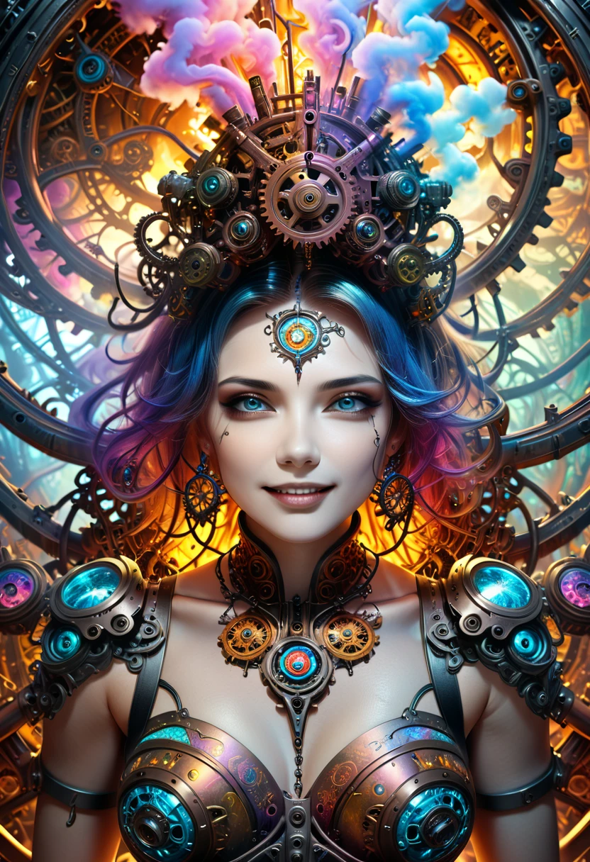 A dreamlike surreal tree of life, colorful ethereal smoke, insane hyperdetailed intricate steampunk details, intricate machinery, highly detailed gears, complex mechanical parts, vivid colors, dramatic lighting, cinematic atmosphere, photorealistic, 8k, best quality, masterpiece, conceptual installation fantasy art, execution tool, beautiful woman smiling fearlessly inside (iron maiden), attractive and seductive face, covered in tattoos, superlative body proportion, countless iridescent dust falling, rust, chain, Heaven and Hell fusion, (ultra detailed, absolutely resolution, best quality:1.3), 2.5D, delicate and dynamic, graphic CG digital art