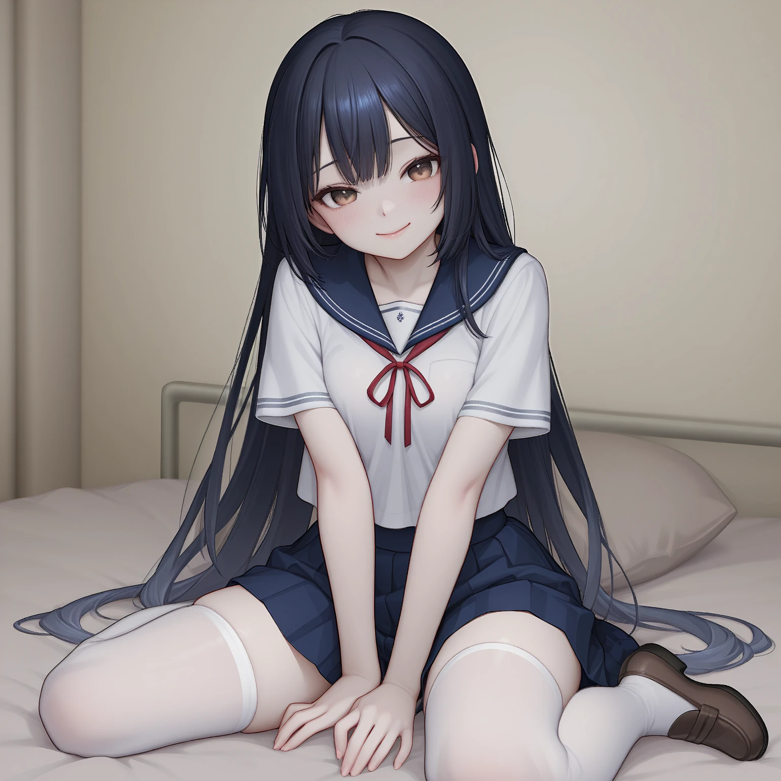 Anime-style illustration of Yuki, an 18-year-old petite Japanese girl with a height of 130 cm and a slender, doll-like physique. She has flawless, pale skin with a rosy undertone and a heart-shaped face. Her large, almond-shaped brown eyes are framed by long, dark lashes, and she has fine, delicately arched eyebrows. Her lips are full and pink, often curled into a mischievous smile. Yuki’s jet-black hair is long, silky, and waist-length, often tied wi

Yuki wears a Japanese school uniform consisting of a short-sleeved white blouse with a navy-blue sailor collar that has two white stripes. A red ribbon is tied in a neat bow at the front of the blouse. Her navy-blue pleated skirt sits high on her waist and ends mid-thigh, with a thin white trim along the hem. She wears white knee-high socks that reach just below her knees, leaving a playful gap of exposed skin between her skirt and socks. Her shoes are classic brown leather loafers with a slight heel.

Her pose is relaxed and playful, showcasing her mischievous and confident personality. She has a carefree aura, and her expression conveys her teasing and charming nature. The background should reflect a light, carefree atmosphere, possibly hinting at a school environment or a comfortable lounging spot.