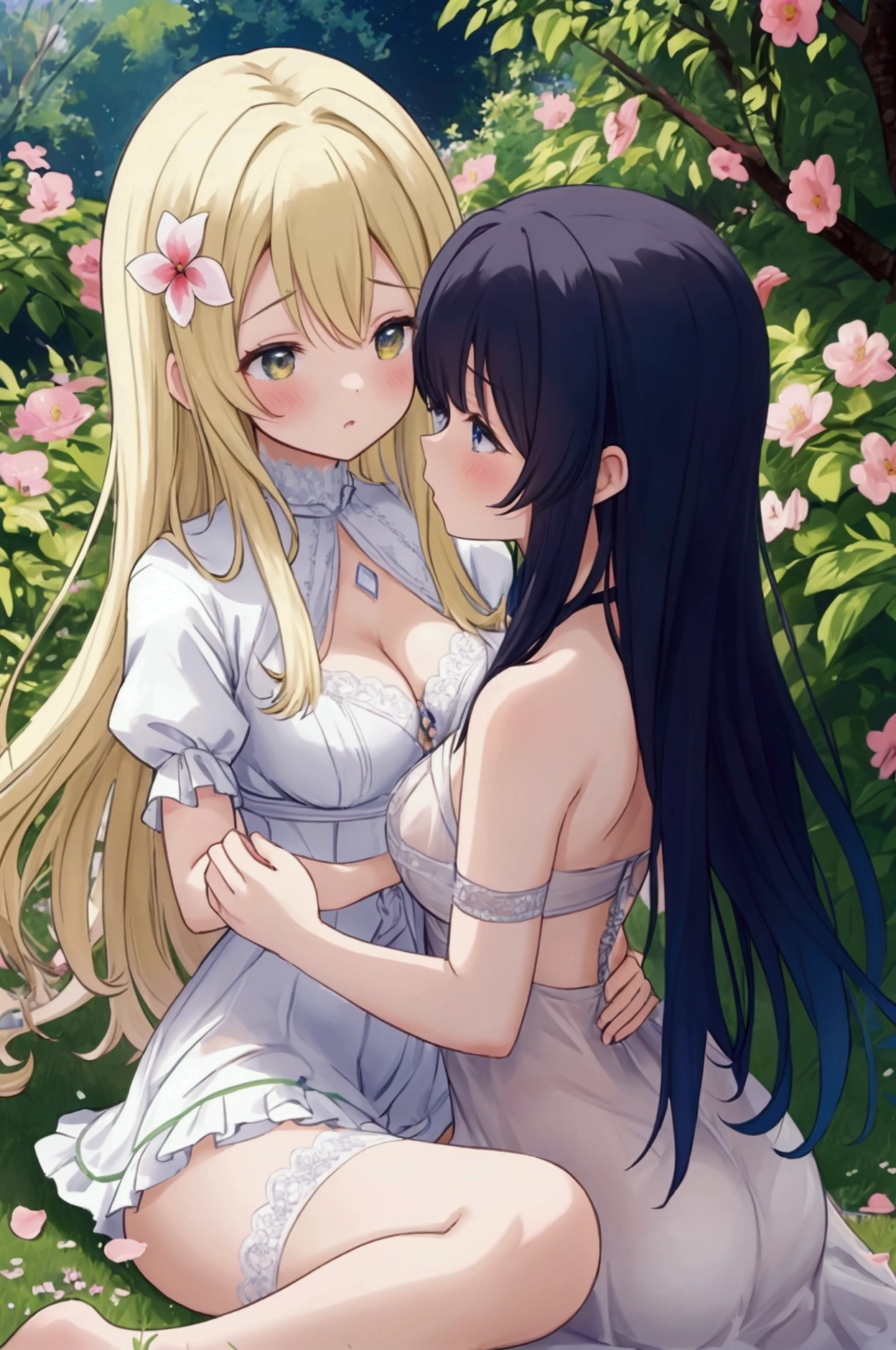 NSFW,(鎖骨:1.331), (camisole:1.21),2 girls,Yuri,lesbian,Kiss,lesbian,, Sex life,a woman in a floral dress and straw hat standing on a tree brancha ,Wet see-through dress,woman in a gray dress holding a bouquet of daisies, a stock photo by Oleg Oprisco, Pinterest, artsy photography, made of flowers, Soft light, Enchanting, intimate but not tight, Cuffs decorated with light gold lines, People can't help but think of the stars twinkling in the starry sky, Wearing a necklace made of sapphire and gold,calling lightning, Fireball,skirt lifting,