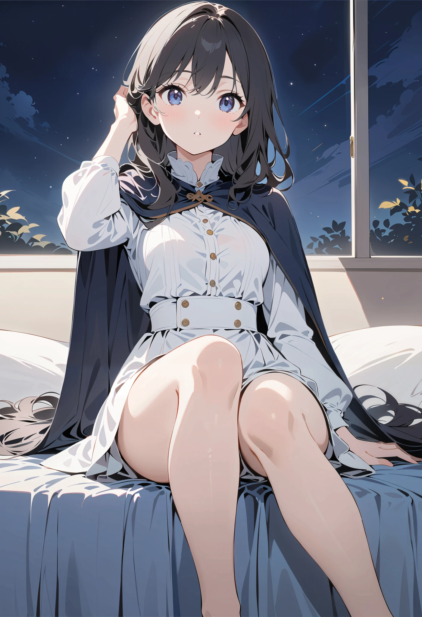 1 girl, full body portrait, long hair,black hair , blue-black eyes , sit on the bed,night, White Robe , black cape, show your legs , showing arms , Sabre ,Mature charm, cute